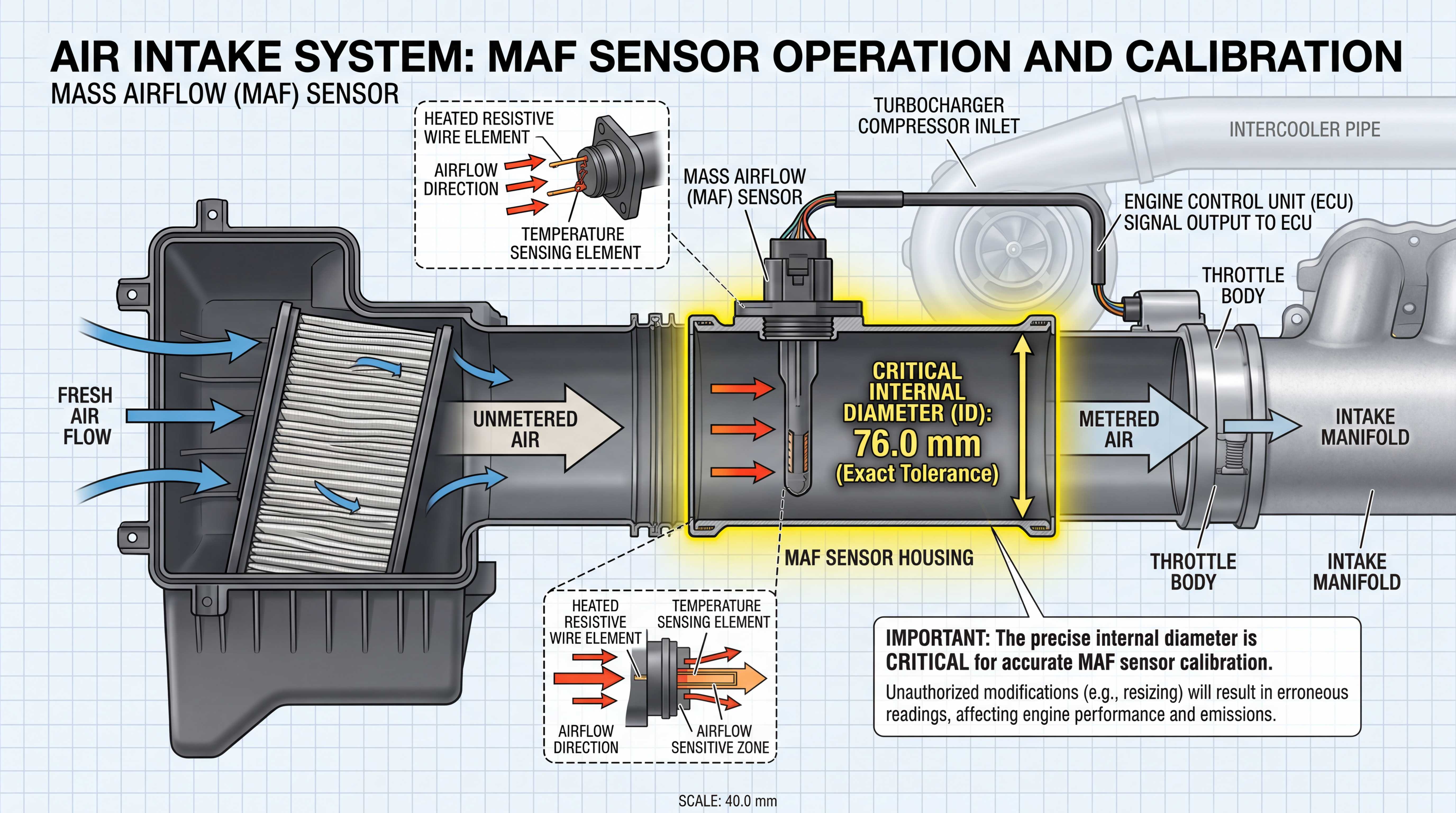 MAF sensor housing diameter calibration diagram showing precise internal diameter, metered airflow and ECU signal output